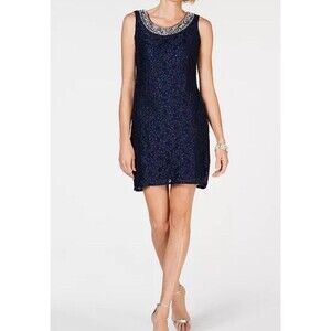 R & M Richards Embellished Lace Sheath Dress Plus Size 22W Navy Blue Cocktail